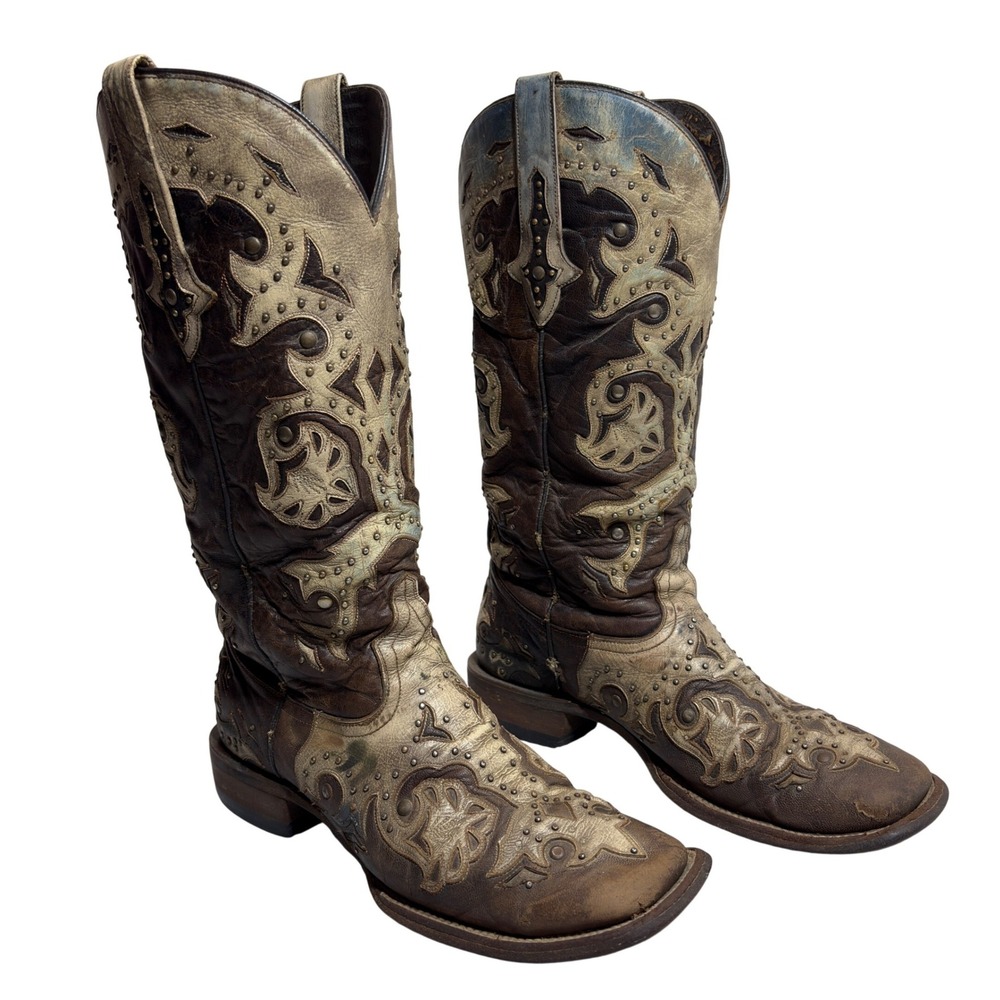 Lucchese Western Boots Womens 9.5 C Brown Cream Studded M5811 Square Toe Cowgirl